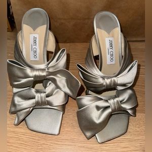 Jimmy Choo Satin Bow Platinum Silver Square Toe Silhouette Heels